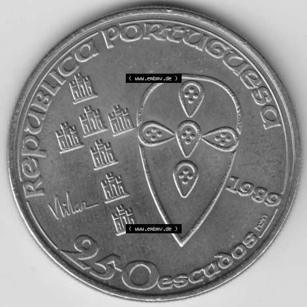 Grau bzw. s/w Münzen Portugal Gedenkmünze 1989-1989, 250 Escudos Batalha de Ourique, Schlacht von Ourique. Vorderseite der Gedenkmünze aus Portugal zum katalogisieren im Münzen-Katalog... Sammlung Graustufen