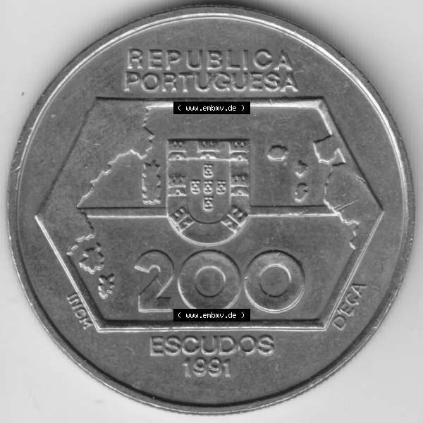 Grau bzw. s/w Münzen Portugal Gedenkmünze 1992-1992 200 Escudo, Navegagoes Para Ocidente 1452-1486. Vorderseite der Gedenkmünze aus Portugal zum katalogisieren im Münzen-Katalog und... Sammlung Graustufen