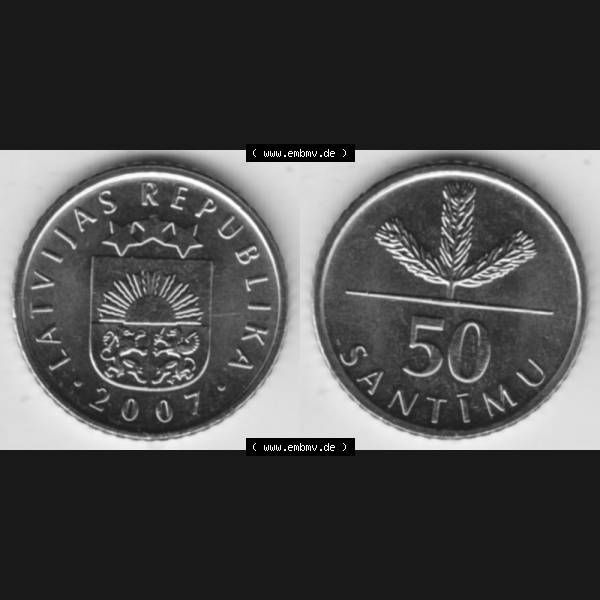 Grau bzw. s/w Münzen Lettland Umlaufmünze 1992-2009, 50 Santimu 2007, Bild mit horizontaler Vollansicht als Bildmaterial Sammlung Graustufen