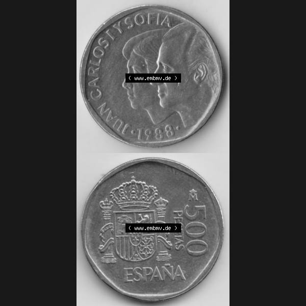 Grau bzw. s/w Münzen Spanien Umlaufmünze 1987-1990, 500 Peseten 1988, Münze aus Spanien, Umlaufmünze / aus Zahlungsverkehr mit Münzseiten Vertikal / Untereinander auf... Sammlung Graustufen