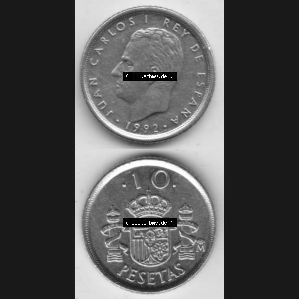Grau bzw. s/w Münzen Spanien Umlaufmünze 1992-1992, 10 Peseten 1992, Münze aus Spanien, Umlaufmünze / aus Zahlungsverkehr mit Münzseiten Vertikal / Untereinander auf... Sammlung Graustufen