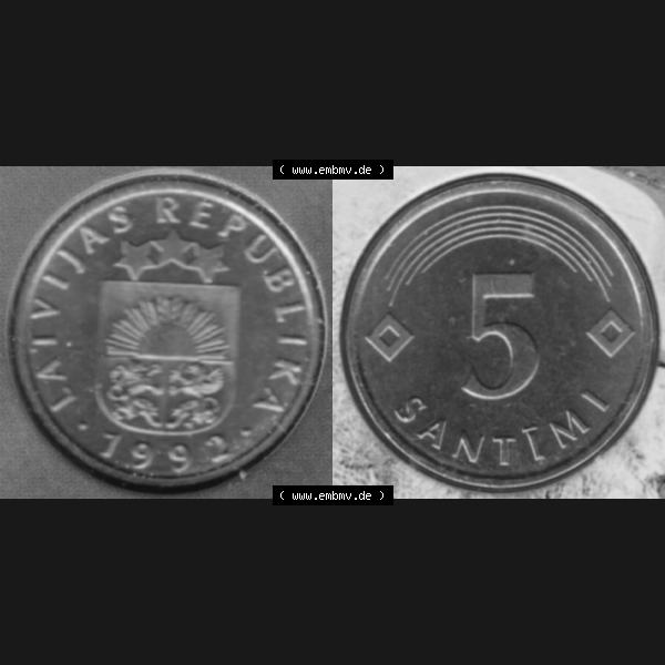 Grau bzw. s/w Münzen Lettland Umlaufmünze 1992-2009, 5 Centimes 1992, aus Münzensatz Bild mit horizontaler Vollansicht als Bildmaterial Sammlung Graustufen
