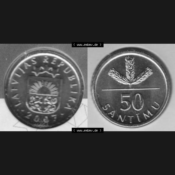 Grau bzw. s/w Münzen Lettland Umlaufmünze 1992-2009, 50 Centimes 2007, aus Münzensatz Bild mit horizontaler Vollansicht als Bildmaterial Sammlung Graustufen