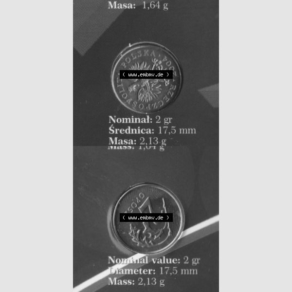 Grau bzw. s/w Münzen Polen KMS Umlaufmünze 2004, 2 Groszy, Münzseiten Untereinander als Bildmaterial Sammlung Graustufen