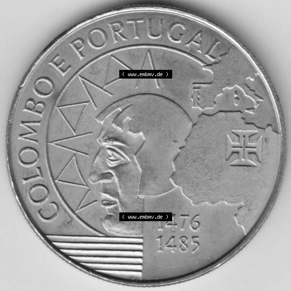 Grau bzw. s/w Münzen Portugal Gedenkmünze 1991-1991, 200 Escudos, Colombo E Portugal 1476-1485. Rückseite der portugiesischen Gedenkmünze aus Portugal vor der Euro-Einführung... Sammlung Graustufen