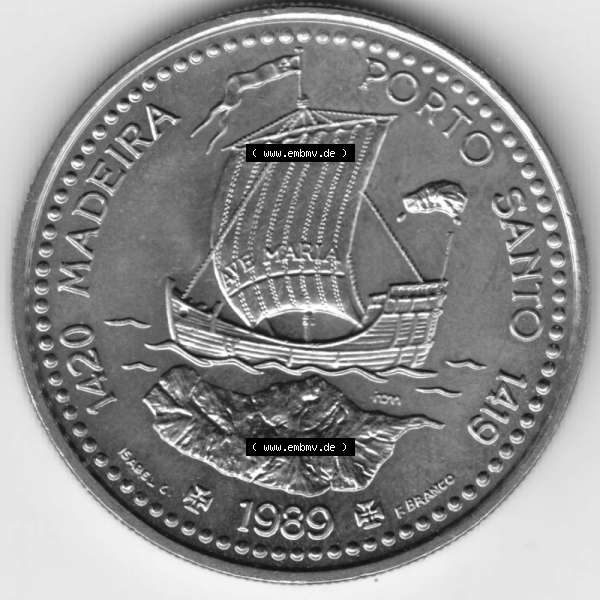 Grau bzw. s/w Münzen Portugal Gedenkmünze 1989-1989, 100 Escudos 1420 Madeira Porto Santo 1419. Rückseite der portugiesischen Gedenkmünze aus Portugal vor der Euro-Einführung in... Sammlung Graustufen