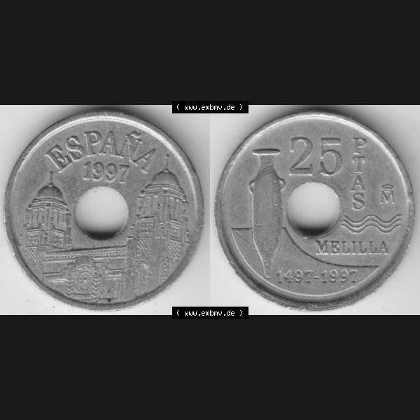 Grau bzw. s/w Münzen Spanien Umlaufmünze 1997-1997, 25 PTAS - Peseten 1997, Bild mit Vollansicht als Bildmaterial Sammlung Graustufen