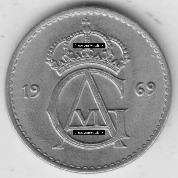 Grau bzw. s/w Münzen Schweden Umlaufmünze 1962-1973, 25 Öre 1969. Münzen aus Schweden als Bildmaterial für Sammler und Münzen-Webseiten hier im online Katalog und Datenbank... Sammlung Graustufen