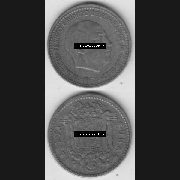 Grau bzw. s/w Münzen Spanien Umlaufmünze 1946-1963, 1 Peseta-Pesete 19x3, Münze aus Spanien, Umlaufmünze / aus Zahlungsverkehr mit Münzseiten Vertikal / Untereinander... Sammlung Graustufen