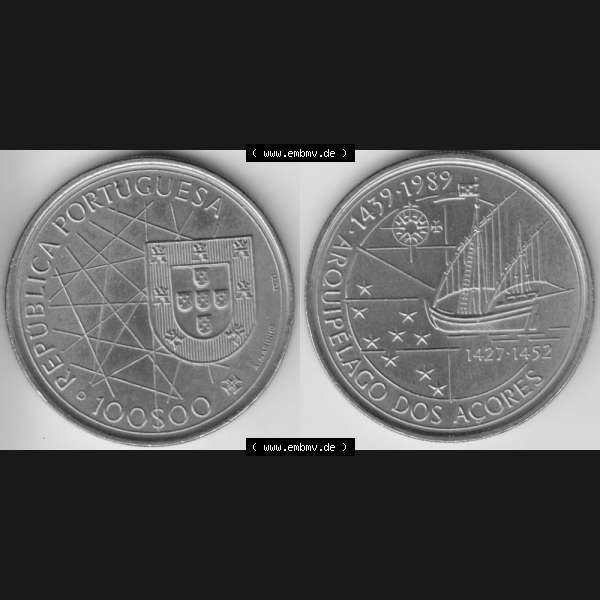 Grau bzw. s/w Münzen Portugal Gedenkmünze 1989-1989, 100 Escudos, Arouipelago Dos Acores, 1439-1989. Vorderseite und Rückseite auf einen Bild/Foto der portugiesischen Gedenkmünze... Sammlung Graustufen