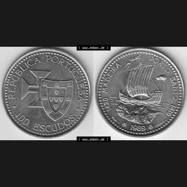 Grau bzw. s/w Münzen Portugal Gedenkmünze 1989-1989, 100 Escudos 1420 Madeira Porto Santo 1419. Vorderseite und Rückseite auf einen Bild/Foto der portugiesischen Gedenkmünze aus... Sammlung Graustufen