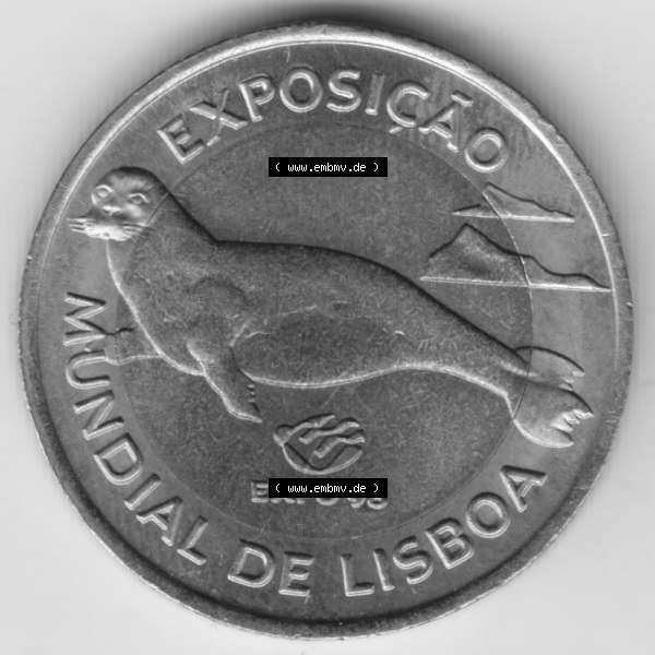 Grau bzw. s/w Münzen Portugal Gedenkmünze 1997-1997, 100 Escudo, EXPO98, Exposicao, Mundial de Lisaboa. Rückseite der portugiesischen Gedenkmünze aus Portugal vor der... Sammlung Graustufen