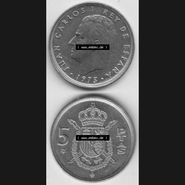 Grau bzw. s/w Münzen Spanien Umlaufmünze 1975-1975, 5 Peseten 1979, Münze aus Spanien, Umlaufmünze / aus Zahlungsverkehr mit Münzseiten Vertikal / Untereinander auf... Sammlung Graustufen