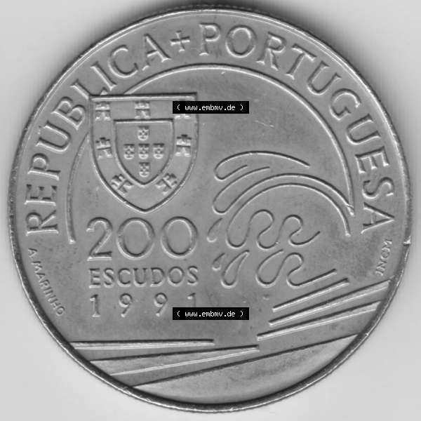Grau bzw. s/w Münzen Portugal Gedenkmünze 1991-1991, 200 Escudos, Colombo E Portugal 1476-1485. Vorderseite der Gedenkmünze aus Portugal zum katalogisieren im Münzen-Katalog und... Sammlung Graustufen