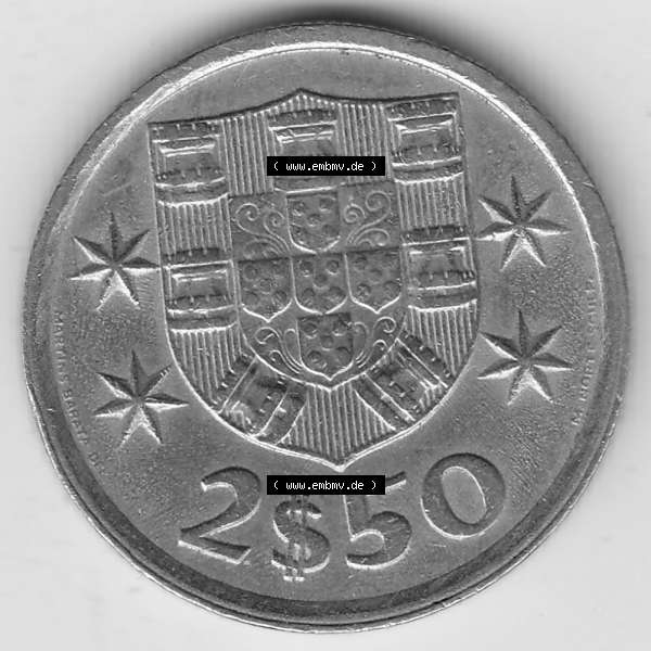 Grau bzw. s/w Münzen Portugal Umlaufmünze 1963-1985, 2,50 Escudos 1978. Vorderseite der Escudo Umlaufmünze aus Portugal vor EInführung der Euromünzen in Portugal zum katalogisieren... Sammlung Graustufen