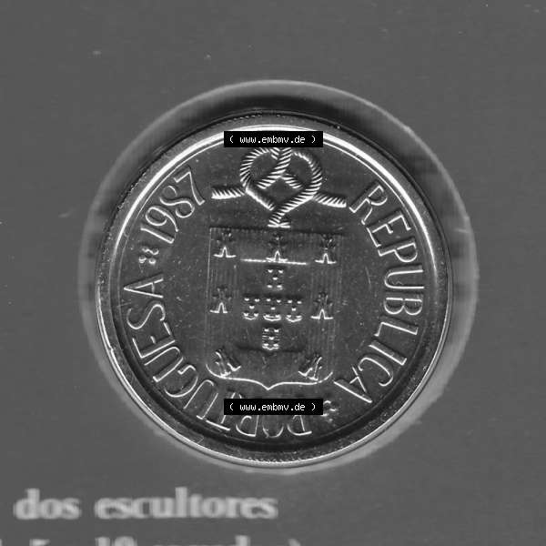 Grau bzw. s/w Münzen Portugal KMS Umlaufmünze 1987, 10 Escudo ii. Rückseite der portugiesischen Umlaufmünze aus Portugal vor der Euro-Einführung in Portugal zum katalogisieren im... Sammlung Graustufen