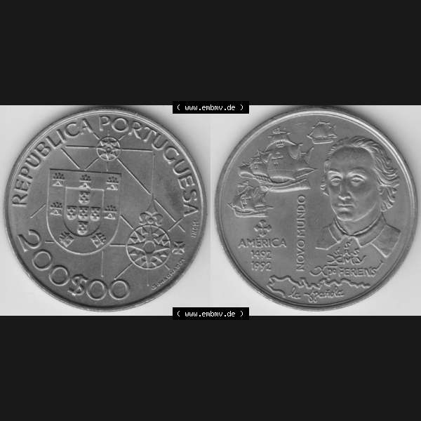 Grau bzw. s/w Münzen Portugal Gedenkmünze 1992-1992, 200 Escudos, America 1492-1992, Novomundo, Xpo Perens. Vorderseite und Rückseite auf einen Bild/Foto der portugiesischen... Sammlung Graustufen