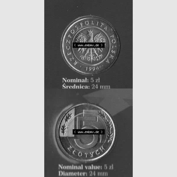 Grau bzw. s/w Münzen Polen KMS Umlaufmünze 1996, 5 Zloty, Münzseiten Untereinander als Bildmaterial Sammlung Graustufen