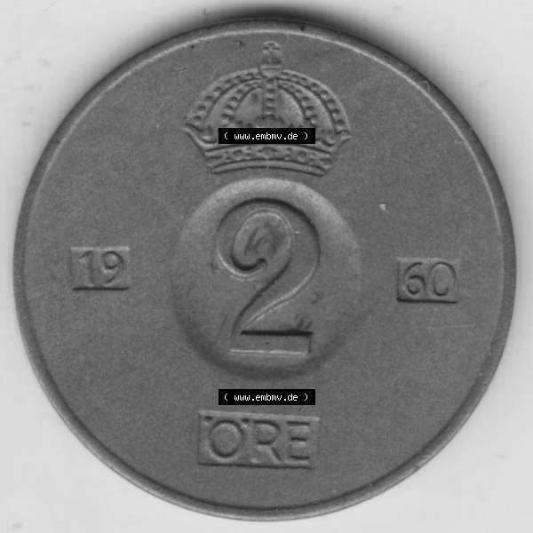 Grau bzw. s/w Münzen Schweden Umlaufmünze 1952-1971, 2 Öre 1960, Bild mit Rückseite der Münze als Bildmaterial Sammlung Graustufen