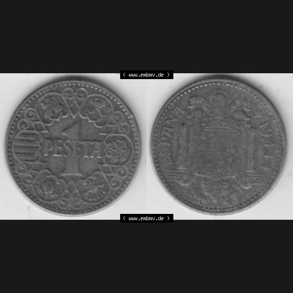 Grau bzw. s/w Münzen Spanien Umlaufmünze 1944-1944, 1 Pesete 1944, Bild mit Vollansicht als Bildmaterial Sammlung Graustufen