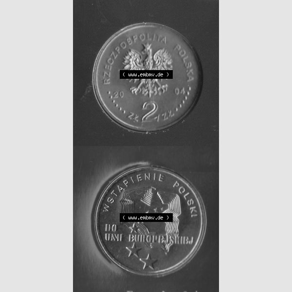 Grau bzw. s/w Münzen Polen KMS Umlaufmünze 2004, 2 Zloty, Münzseiten Untereinander als Bildmaterial Sammlung Graustufen
