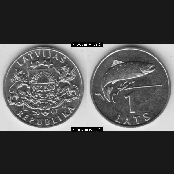 Grau bzw. s/w Münzen Lettland Umlaufmünze 1992-2008, 1 Lats 2007, Bild mit horizontaler Vollansicht als Bildmaterial Sammlung Graustufen