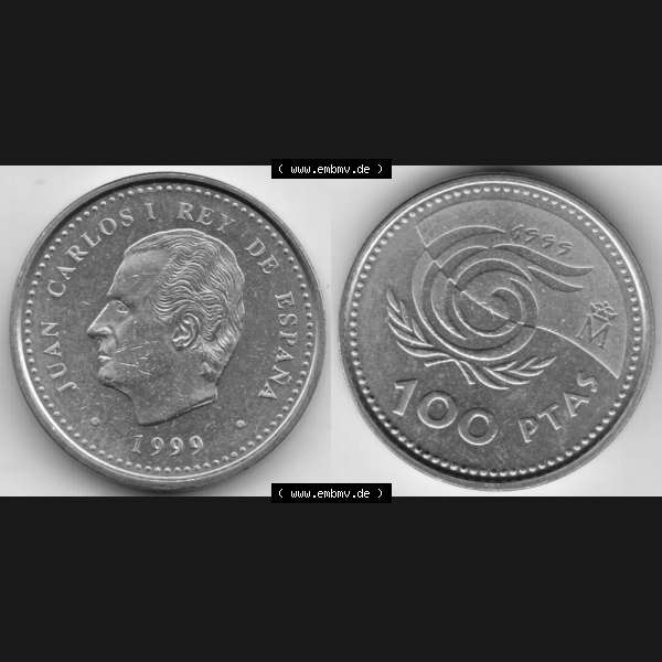 Grau bzw. s/w Münzen Spanien Umlaufmünze 1999-1999, 100 Ptas, Peseten 1999, Bild mit Vollansicht als Bildmaterial Sammlung Graustufen