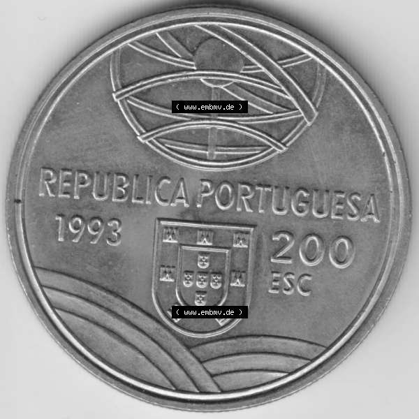 Grau bzw. s/w Münzen Portugal Gedenkmünze 1993-1993, 200 Escudos Espingarda 1543-1575. Vorderseite der Gedenkmünze aus Portugal zum katalogisieren im Münzen-Katalog und der Verwaltung... Sammlung Graustufen