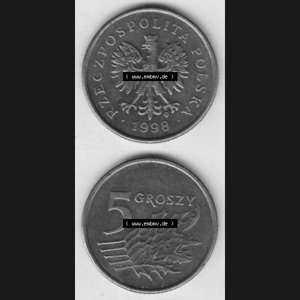 Grau bzw. s/w Münzen Polen Umlaufmünze 1990-2014, 5 Groszy 1998, Münzseiten Untereinander als Bildmaterial Sammlung Graustufen