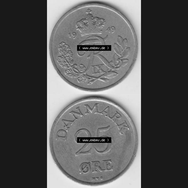 Grau bzw. s/w Münzen Dänemark Umlaufmünze 1948-1955, 25 Öre 1949 Kursmünze. Vorderseite und Rückseite vertikal auf einen digitalen Bild der alten dänischen Umlaufmünze... Sammlung Graustufen