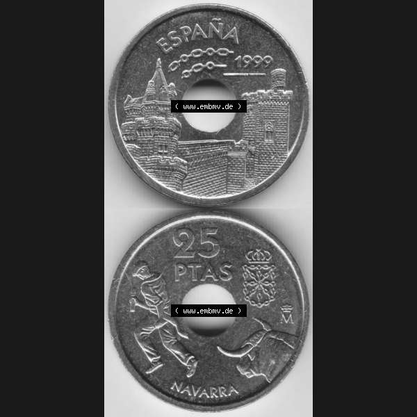 Grau bzw. s/w Münzen Spanien Umlaufmünze 1999-1999, 25 PTAS, Peseten 1999, Münze aus Spanien, Umlaufmünze / aus Zahlungsverkehr mit Münzseiten Vertikal / Untereinander... Sammlung Graustufen