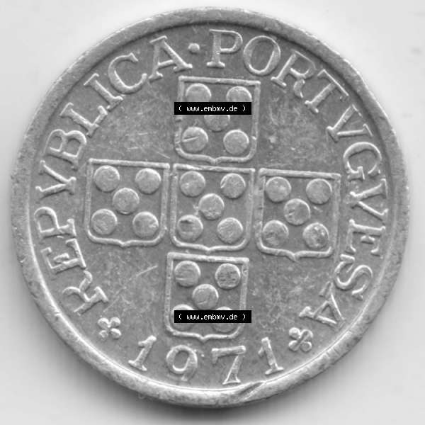 Grau bzw. s/w Münzen Portugal Umlaufmünze 1969-1979, 10 Centavos 1971. Rückseite der portugiesischen Umlaufmünze aus Portugal vor der Euro-Einführung in Portugal zum katalogisieren... Sammlung Graustufen