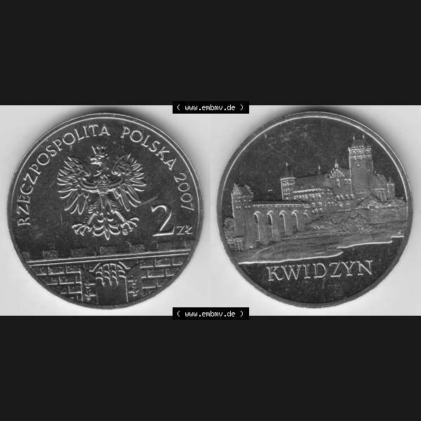 Grau bzw. s/w Münzen Polen Gedenkmünze 2007-2007, 2 Zloty, Historische Städte in Polen - Marienwerder, Bild mit Vollansicht als Bildmaterial Sammlung Graustufen