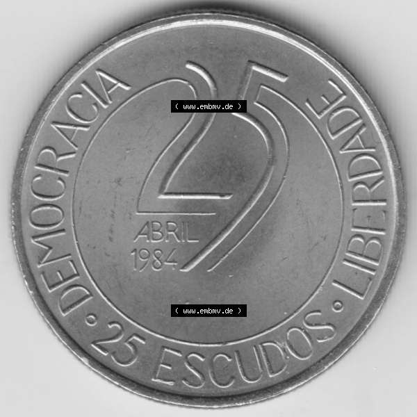 Grau bzw. s/w Münzen Portugal Gedenkmünze 1984-1984, 25 Escudos Democracia Liberdade, Abril 1984, Demokratie und Freiheit . Rückseite der portugiesischen Gedenkmünze aus... Sammlung Graustufen