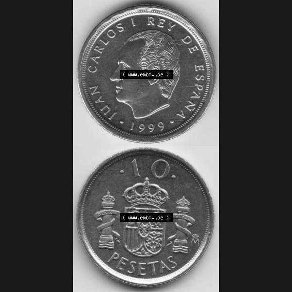 Grau bzw. s/w Münzen Spanien Umlaufmünze 1998-2000, 10 Pesetas, Peseten 1999, Münze aus Spanien, Umlaufmünze / aus Zahlungsverkehr mit Münzseiten Vertikal / Untereinander... Sammlung Graustufen