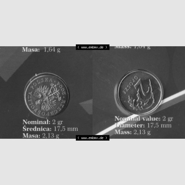 Grau bzw. s/w Münzen Polen KMS Umlaufmünze 2004, 2 Groszy, Bild mit Vollansicht als Bildmaterial Sammlung Graustufen