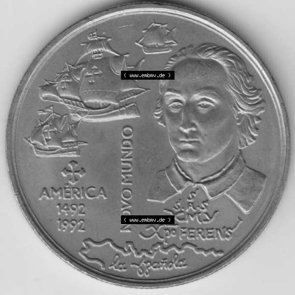 Grau bzw. s/w Münzen Portugal Gedenkmünze 1992-1992, 200 Escudos, America 1492-1992, Novomundo, Xpo Perens. Rückseite der portugiesischen Gedenkmünze aus Portugal vor... Sammlung Graustufen