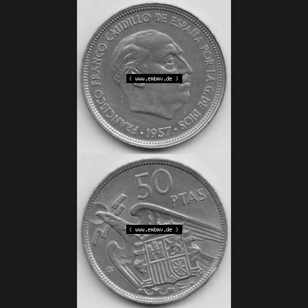 Grau bzw. s/w Münzen Spanien Umlaufmünze 1957-1957, 50 Peseten 1960, Münze aus Spanien, Umlaufmünze / aus Zahlungsverkehr mit Münzseiten Vertikal / Untereinander auf... Sammlung Graustufen
