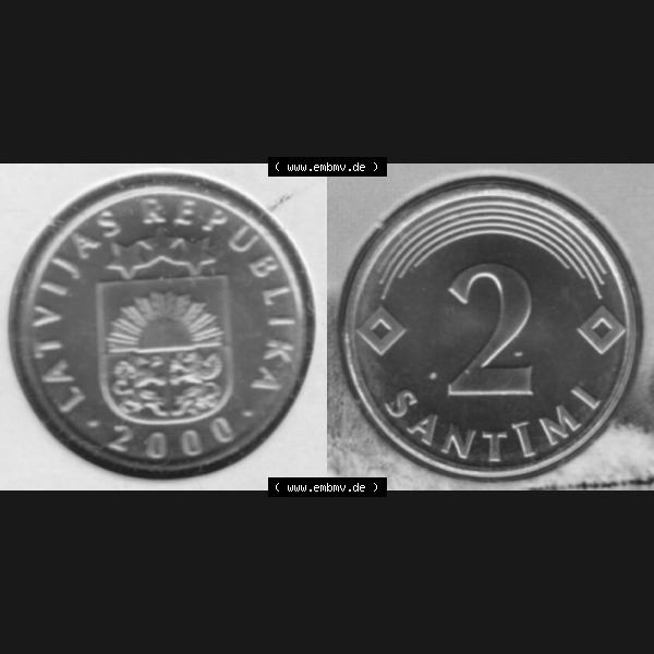 Grau bzw. s/w Münzen Lettland Umlaufmünze 1992-2009, 2 Centimes 2000, aus Münzensatz Bild mit horizontaler Vollansicht als Bildmaterial Sammlung Graustufen