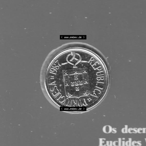 Grau bzw. s/w Münzen Portugal KMS Umlaufmünze 1987, 1 Escudo. Rückseite der portugiesischen Umlaufmünze aus Portugal vor der Euro-Einführung in Portugal zum katalogisieren im portugiesischen... Sammlung Graustufen