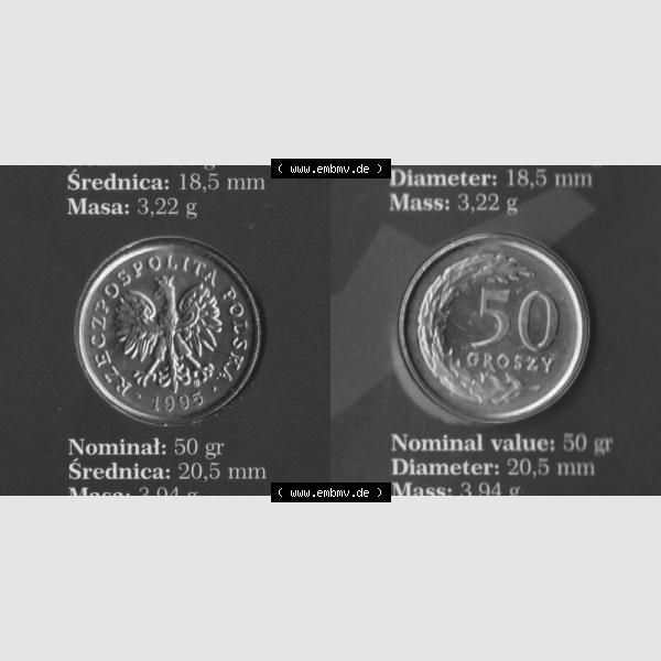 Grau bzw. s/w Münzen Polen KMS Umlaufmünze 1995, 50 Groszy, Bild mit Vollansicht als Bildmaterial Sammlung Graustufen