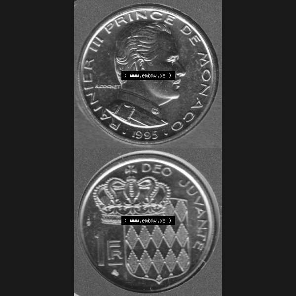 Grau bzw. s/w Münzen Monaco Umlaufmünze 1960-1995, 1 Fr, Franc, Franken Rainier III Prince de Monaco I. 1995, Münzseiten Untereinander als Bildmaterial Sammlung Graustufen