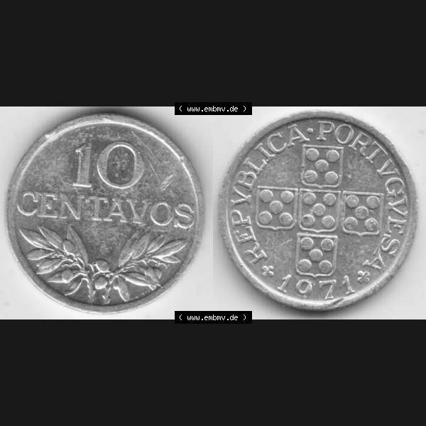 Grau bzw. s/w Münzen Portugal Umlaufmünze 1969-1979, 10 Centavos 1971. Vorderseite und Rückseite auf einen Bild/Foto der portugiesischen Umlaufmünze aus Portugal vor der Euro-Einführung... Sammlung Graustufen