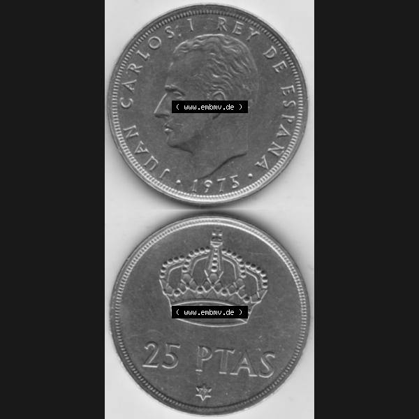 Grau bzw. s/w Münzen Spanien Umlaufmünze 1975-1975, 25 Peseten 1979, Münze aus Spanien, Umlaufmünze / aus Zahlungsverkehr mit Münzseiten Vertikal / Untereinander auf... Sammlung Graustufen