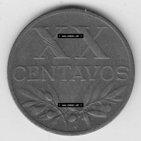 Grau bzw. s/w Münzen Portugal Umlaufmünze 1942-1969, 20 Centavos 1960. Vorderseite der Escudo Umlaufmünze aus Portugal vor EInführung der Euromünzen in Portugal zum katalogisieren... Sammlung Graustufen