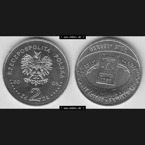 Grau bzw. s/w Münzen Polen Gedenkmünze 2009-2009, 2 Zloty, Parlamentswahlen am 4. Juni 1989, Bild mit Vollansicht als Bildmaterial Sammlung Graustufen