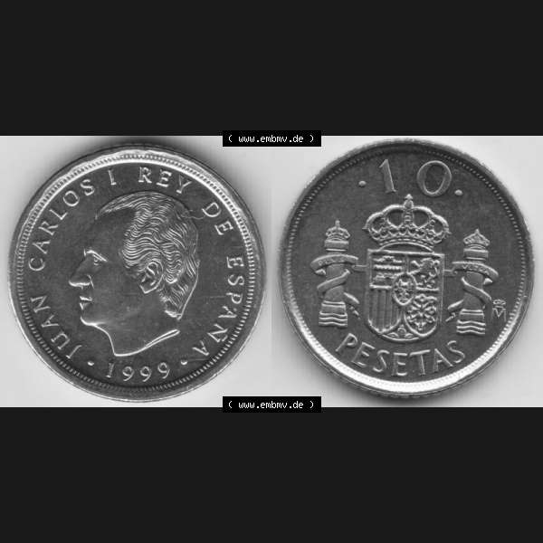Grau bzw. s/w Münzen Spanien Umlaufmünze 1998-2000, 10 Pesetas, Peseten 1999, Bild mit Vollansicht als Bildmaterial Sammlung Graustufen
