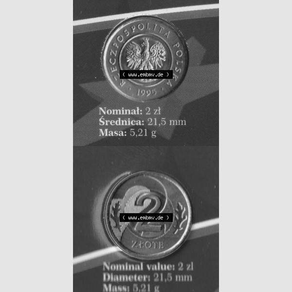 Grau bzw. s/w Münzen Polen KMS Umlaufmünze 1995, 2 Zloty, Münzseiten Untereinander als Bildmaterial Sammlung Graustufen