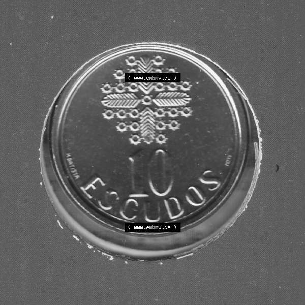 Grau bzw. s/w Münzen Portugal KMS Umlaufmünze 1987, 10 Escudo ii. Vorderseite der Escudo Umlaufmünze aus Portugal vor EInführung der Euromünzen in Portugal zum katalogisieren im... Sammlung Graustufen