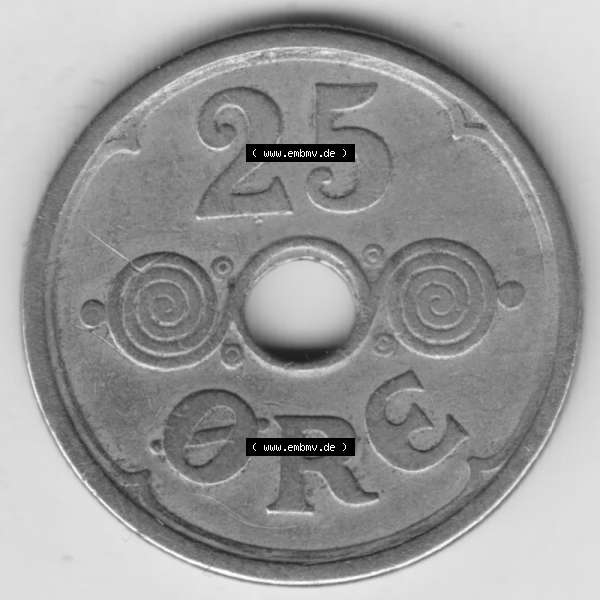 Grau bzw. s/w Münzen Dänemark Umlaufmünze 1924-1947, 25 Öre 1924. Rückseite der alten dänischen Umlaufmünze aus Dänemark zum katalogisieren und verwalten im Münzen-Katalog... Sammlung Graustufen